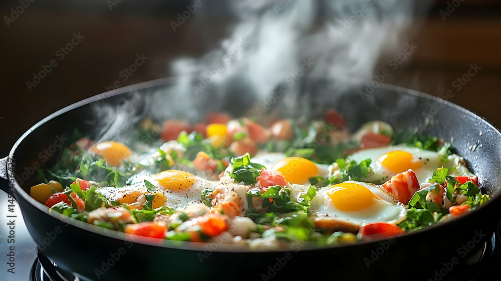 Colorful breakfast preparation of fried eggs with vegetables in a skillet Colorful breakfast preparation of fried eggs with vegetables in a skillet