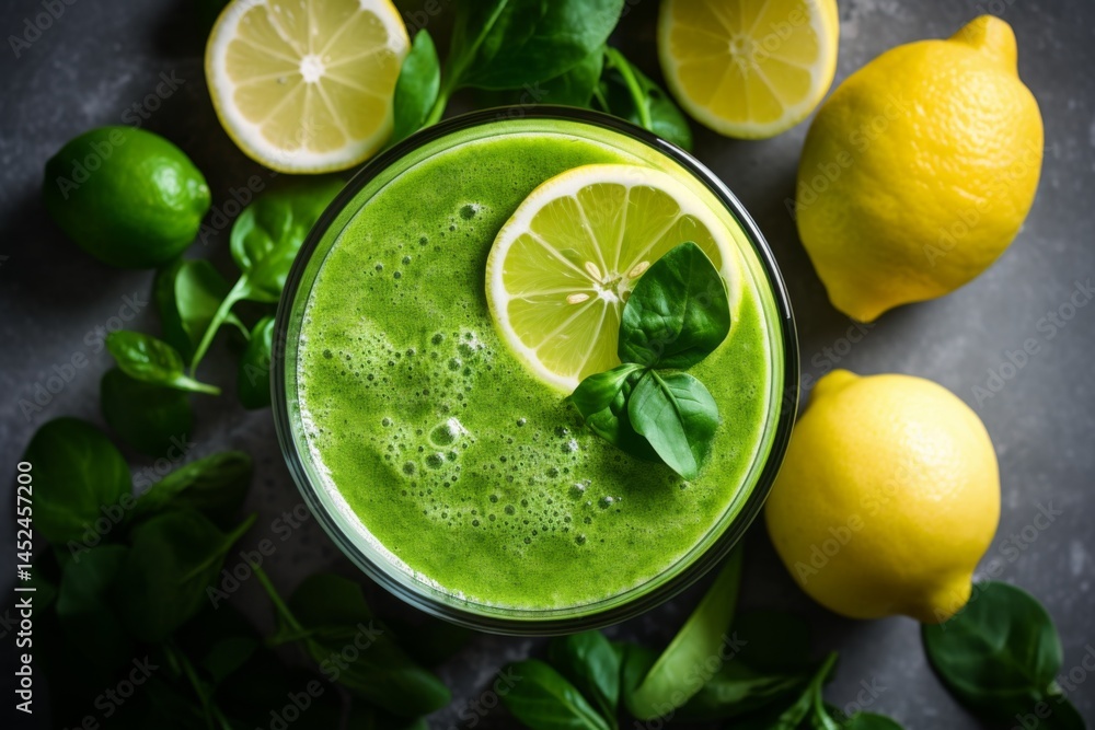 areal view of a Healthy green smoothie or shake made out of fresh and organic lime and lemon on a kitchen counter top areal view of a Healthy green smoothie or shake made out of fresh and organic lime and lemon on a kitchen counter top