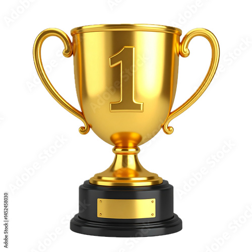 Golden 1 place trophy cup, 3D rendering isolated on transparent background