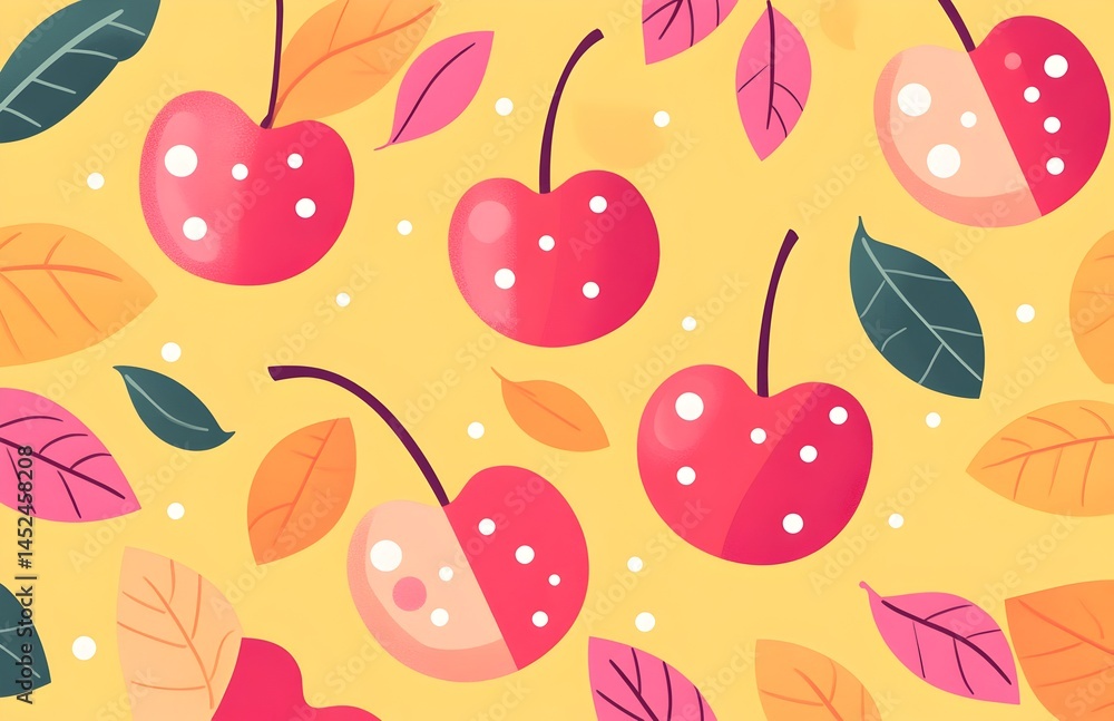 A yellow background with a bunch of cherries on it A yellow background with a bunch of cherries on it