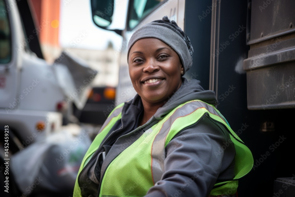 Portrait of a body positive middle aged African female garbage collector Portrait of a body positive middle aged African female garbage collector