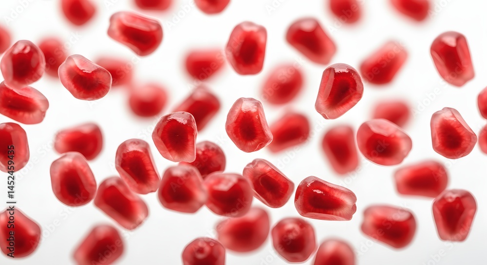 pomegranate seeds floating, white background pomegranate seeds floating, white background