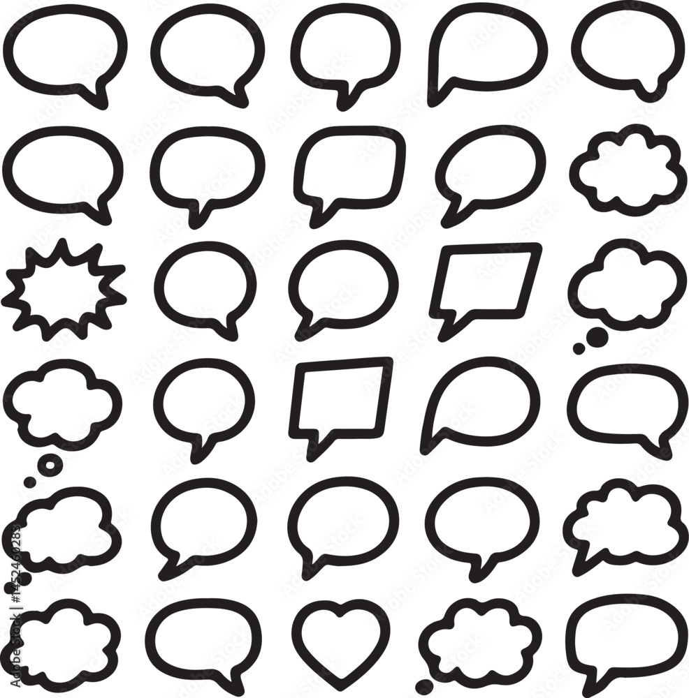 Fototapeta premium Hand drawn doodle style comic chat and message speech bubble icons set vector art illustration