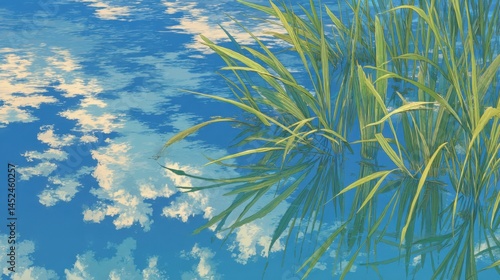 Tranquil scene of water reflecting blue sky and fluffy clouds with reeds.