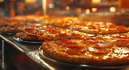 Wallpaper Mural Fresh Pepperoni Pizza in Display Case  Hot and Delicious Fast Food Close-Up Torontodigital.ca