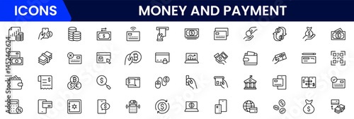 Money and payment are simple, minimal, thin line icons. Related money, credit card, atm, purchase, bill. Editable stroke. Vector illustration.