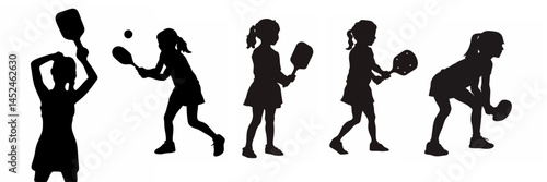 Vector silhouette of little girl playing pickleball. Concept of sports, game, competition