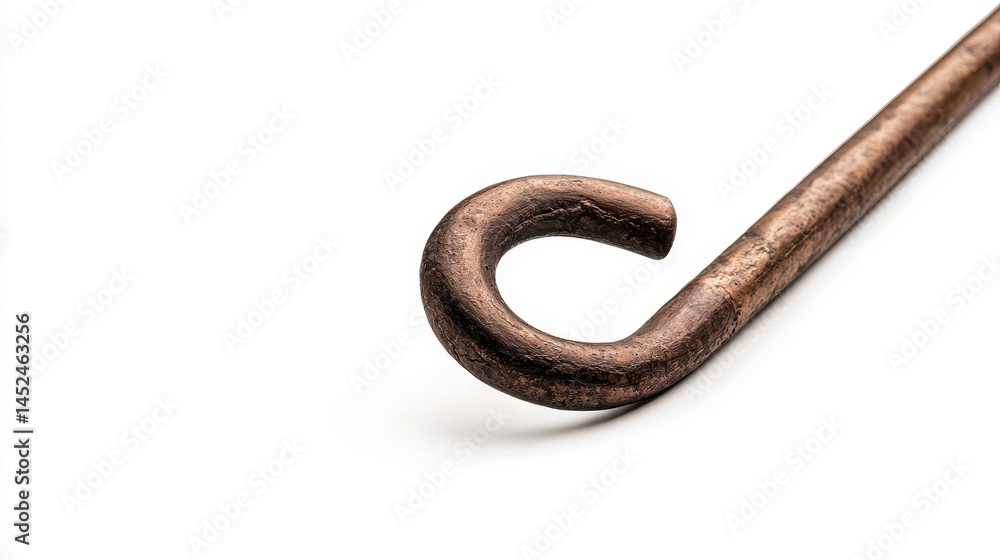 Close-up of a rusted metal hook with a curved end on a white background. Close-up of a rusted metal hook with a curved end on a white background.