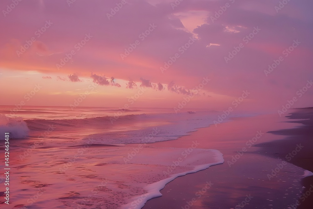 Fototapeta premium Pink Sunset Waves Crashing on Sandy Beach, Serene Coastal Scene at Dusk, Tranquil Ocean View with Soft Light, Peaceful Atmosphere, Romantic Beachscape.