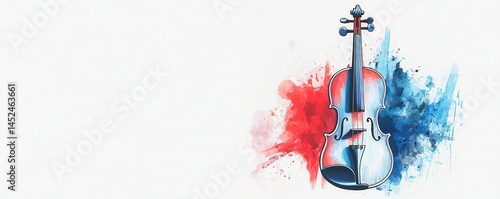A violin with blue and red watercolor splashes stands out on a white background, blending art and music.