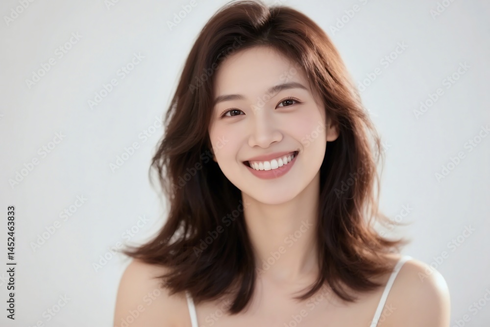 Smiling Asian Woman With Brown Hair And White Background Portrait Smiling Asian Woman With Brown Hair And White Background Portrait