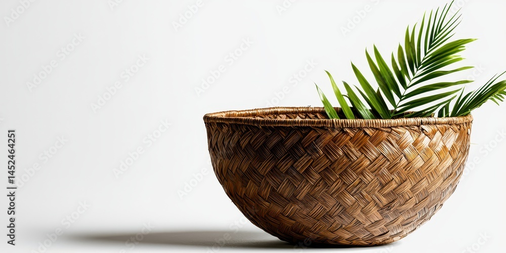 Fototapeta premium A woven wicker basket with green palm leaves inside, placed on a plain white background.