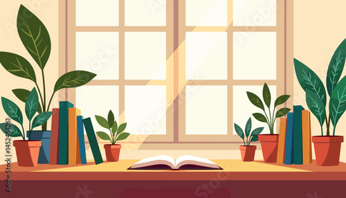 Serene workspace with plants and an open book  by the window  in bright daylight, minimalism
