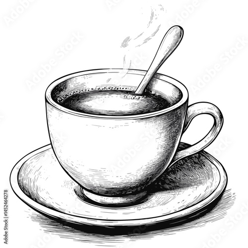Old woodcut cup sketch, vintage hot drink vector, engraving style mug, rustic coffee artwork, hand-drawn tea cup, retro beverage illustration, monochrome cafe decor, antique kitchen clipart,