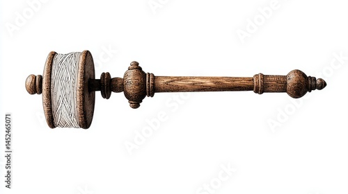 A vintage wooden spinning tool with thread wound around its spool, displayed on a white background.
