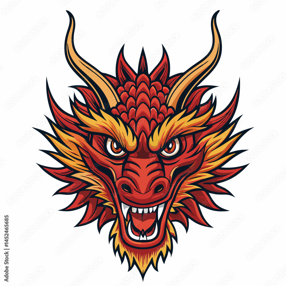 Create a vector illustration of a bold, stylized Chinese dragon head with thick, black strokes, emphasizing powerful features and intricate details. Create a vector illustration of a bold, stylized Chinese dragon head with thick, black strokes, emphasizing powerful features and intricate details.