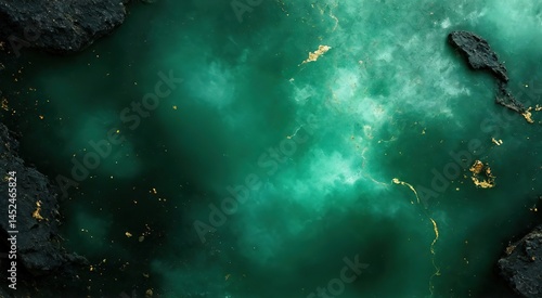 Enigmatic Green Water Surface with Textured Black Rocks and Gold Flecks