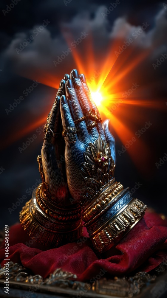 Fototapeta premium Praying Hands Illustration with Double Exposure Effect and Radiant Light against Dark Cloudy Background