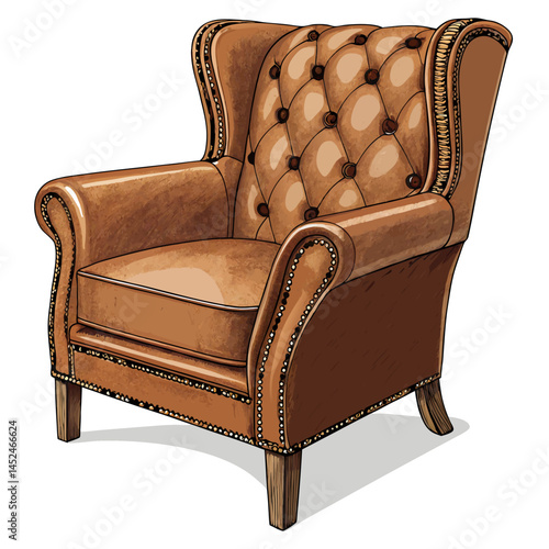 Create a vector illustration of a bold, black stroke outlining a classic, detailed leather armchair armrest.  Show texture and depth.