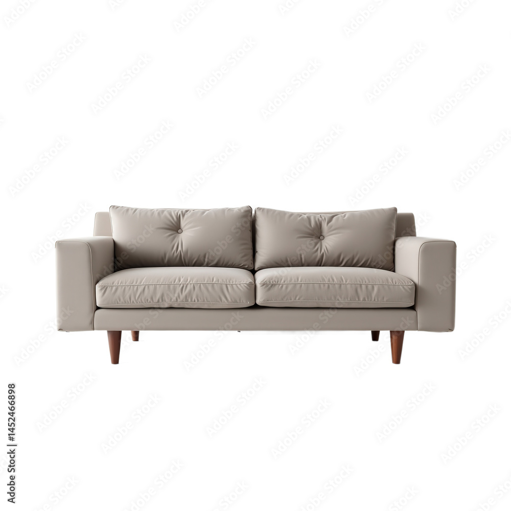 A modern, minimalist beige sofa with tufted cushions and wooden legs. A modern, minimalist beige sofa with tufted cushions and wooden legs.