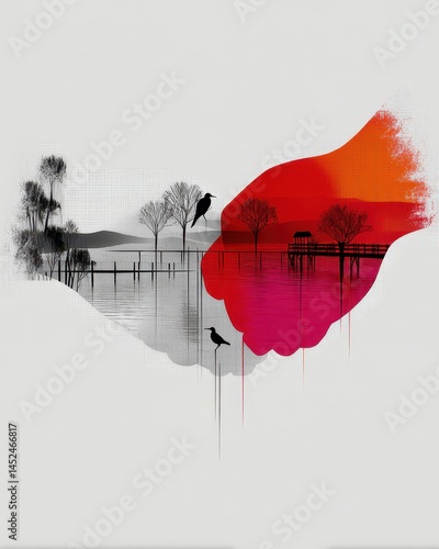 Serene Illustration of Harmony in Double Exposure Featuring Hands and Nature with Vibrant Colors and Tranquil Landscape Elements