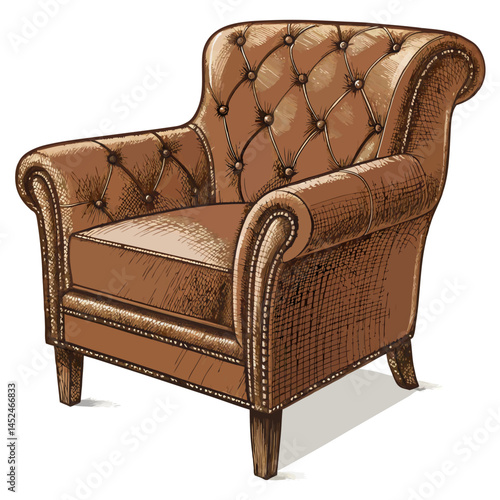 Create a bold, vector illustration of a classic leather armchair arm, emphasizing texture and detailing.  Include highlights and shadows for a realistic 3D effect.