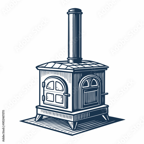 Create a bold, vector illustration of a coal stove with a stylized Chi symbol incorporated into its design.  The style should be clean and modern.