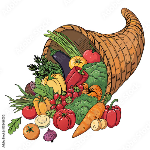 Create a vector illustration of a bold-stroked cornucopia overflowing with autumnal fruits and vegetables.  Ensure clean lines and vibrant color.