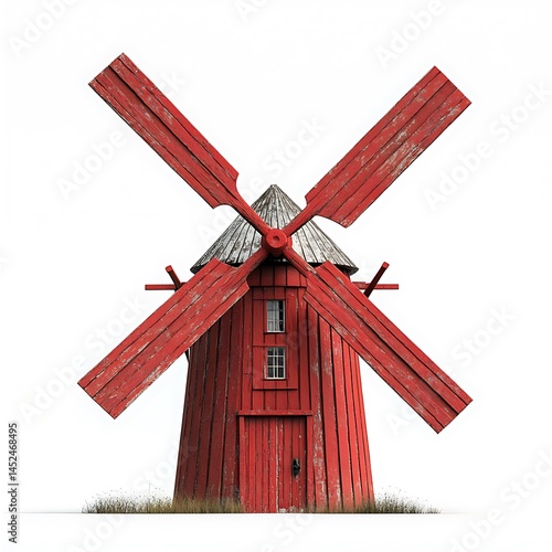 Red Wooden Windmill on a Plain
