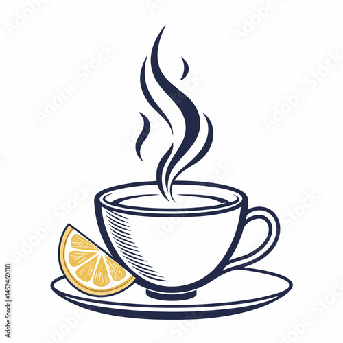 Create a bold, vector illustration of a steaming cup of tea with a lemon slice.  Focus on a thick, impactful outline.