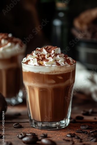 Coffee Mocha menu. Cup of Mocaccino. Cup of Coffee on wooden table at Cafe. 