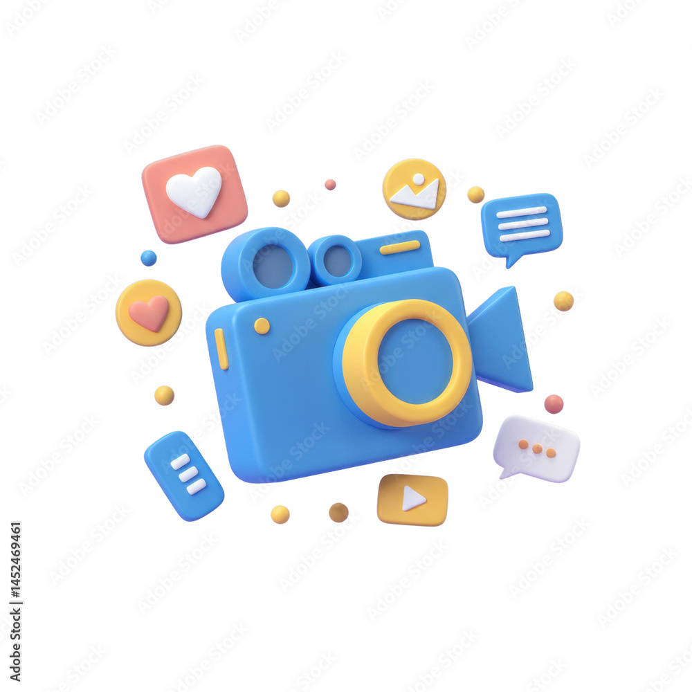 3D camera with colorful floating social media icons for multimedia, content creation, and digital communication, isolated on a transparent background, png, cutout 3D camera with colorful floating social media icons for multimedia, content creation, and digital communication, isolated on a transparent background, png, cutout