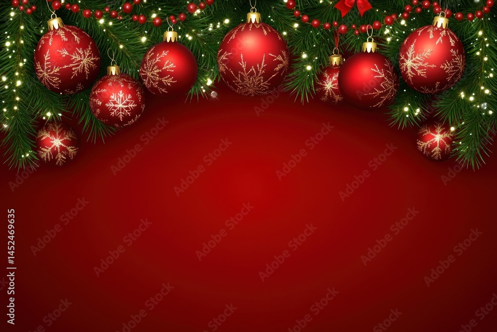 Red christmas ornaments on fir branches Red christmas ornaments on fir branches