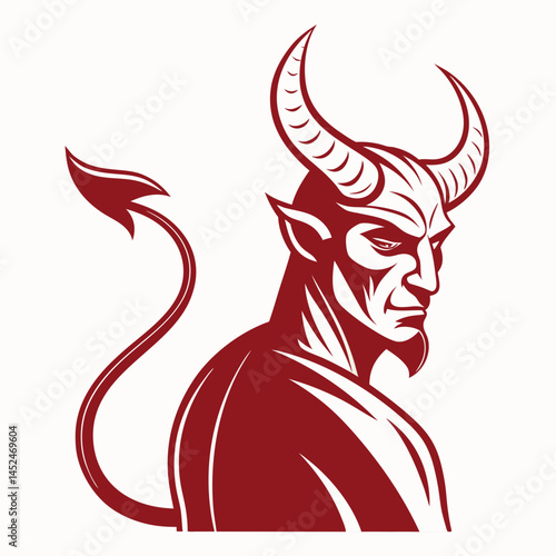 Create a bold, vector illustration of a devil with prominent horns, thick black stroke, menacing expression.  High detail, strong lines.
