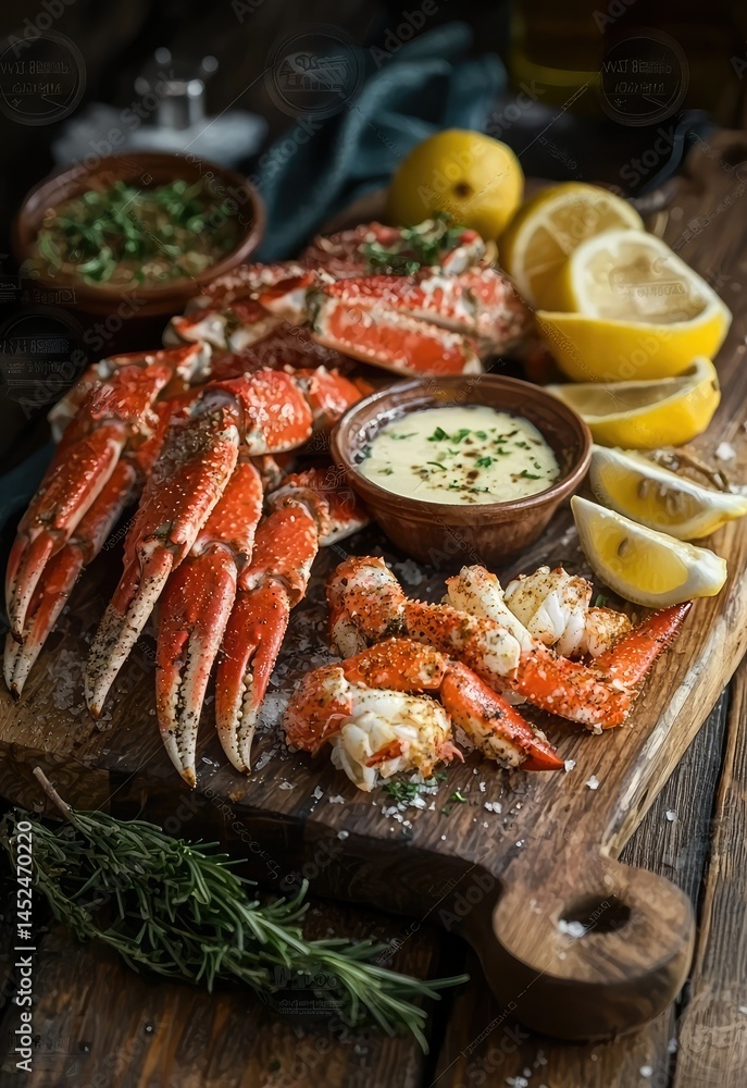 A classic crab legs feast with butter dipping sauce and lemon wedges A classic crab legs feast with butter dipping sauce and lemon wedges