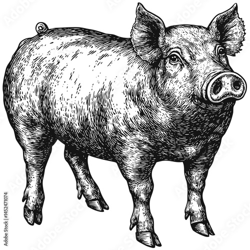 Vintage pork icon, woodcut engraving style, detailed sketch, black ink illustration, antique butcher chart, farm animal art, retro meat cut, hand drawn pork diagram, rustic kitchen decor