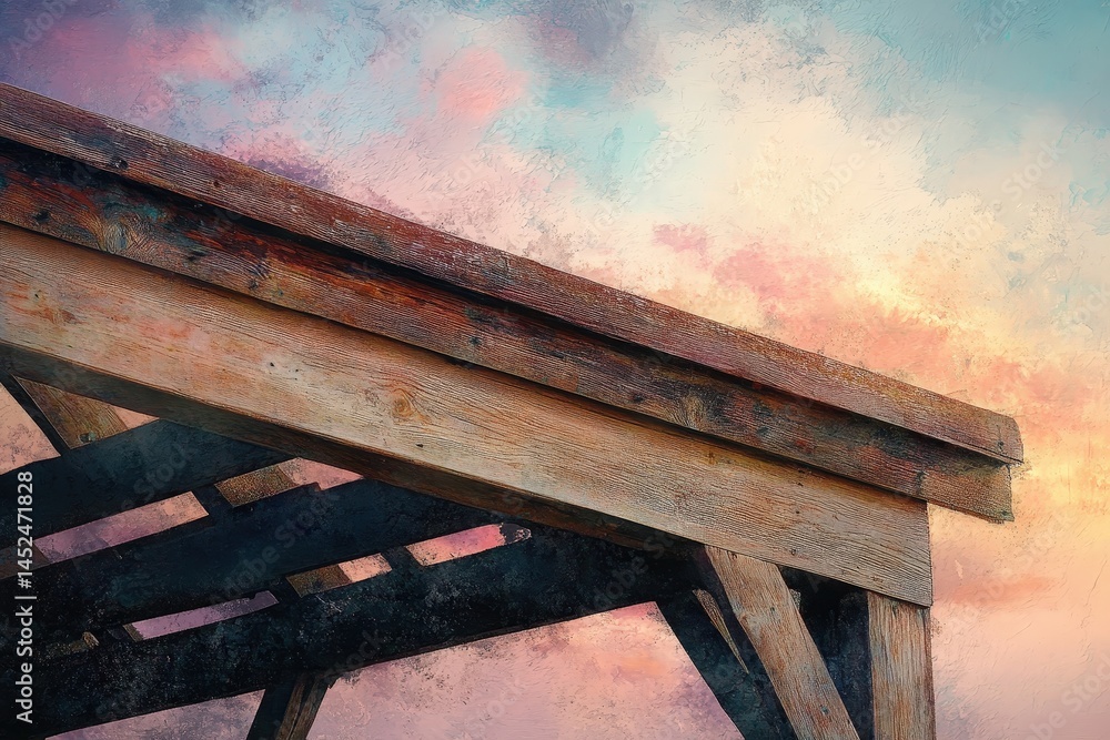 Fototapeta premium Rustic wooden structure's weathered roof against a painted sky.