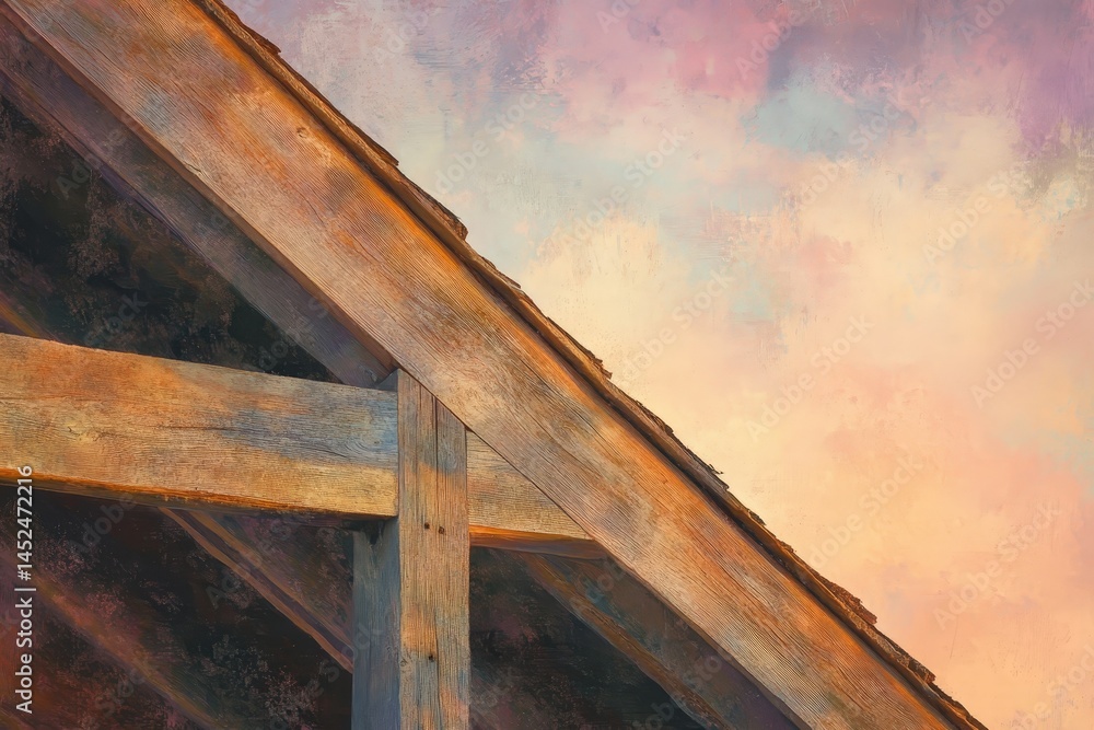 Obraz premium Rustic wooden roof structure against a painted sky.