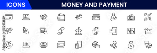 Money and payment are simple, minimal, thin line icons. Related money, credit card, atm, purchase, bill. Editable stroke. Vector illustration.