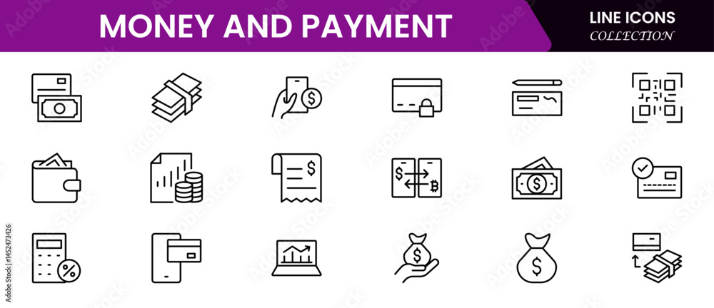 Money and payment are simple, minimal, thin line icons. Related money, credit card, atm, purchase, bill. Editable stroke. Vector illustration. Money and payment are simple, minimal, thin line icons. Related money, credit card, atm, purchase, bill. Editable stroke. Vector illustration.