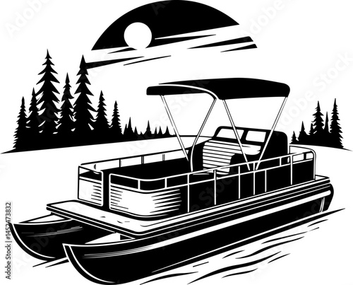 Pontoon Boat on Lake with Forest and Sunset – Black and White Vector Illustration