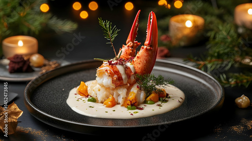 Fototapeta Naklejka Na Ścianę i Meble -  Festive Lobster Delight: A Culinary Masterpiece with Holiday Ambiance and Gourmet Touch