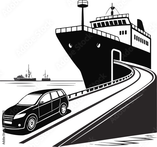 Car Boarding Ferry via Ramp at Harbor – Black and White Vector Illustration