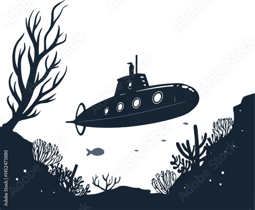 Vintage Submarine Underwater Silhouette Illustration with Coral Reef and Sea Life