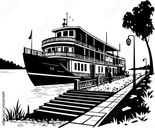 Black and White Vector Illustration of a River Cruise Ship Docked at Scenic Waterfront with Walkway and Trees
