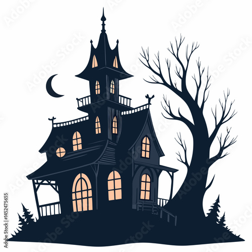Design a bold, black vector silhouette of a haunted house with thick, dramatic strokes.  Include intricate details like gables, windows, and a spooky, slightly crooked appearance.