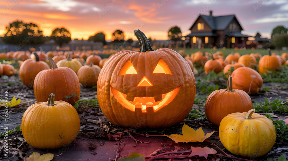 A scary jack-o-lantern with a carved evil face sits among other orange pumpkins in an autumn pumpkin patch, a classic Halloween decoration A scary jack-o-lantern with a carved evil face sits among other orange pumpkins in an autumn pumpkin patch, a classic Halloween decoration