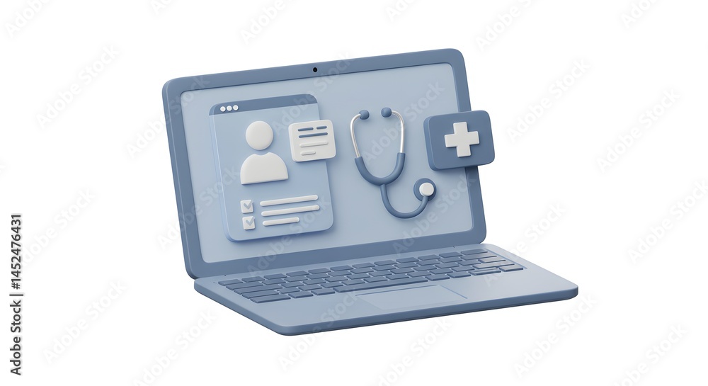 Medical Record on Laptop with Stethoscope and Plus Sign Medical Record on Laptop with Stethoscope and Plus Sign