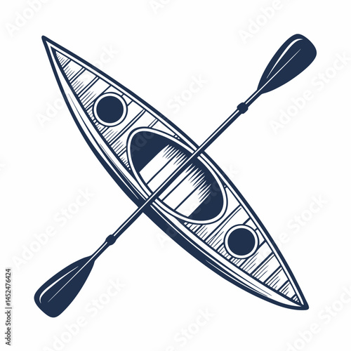 Create a bold, vector illustration of a kayak and paddle, emphasizing thick outlines and strong contrasts.  Suitable for logo or graphic design use.