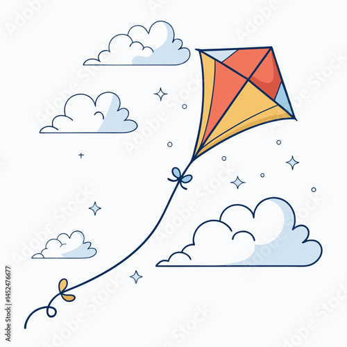 Create a bold vector illustration of a kite soaring dynamically in a clear blue sky.  Include strong, defined lines and vibrant colors.